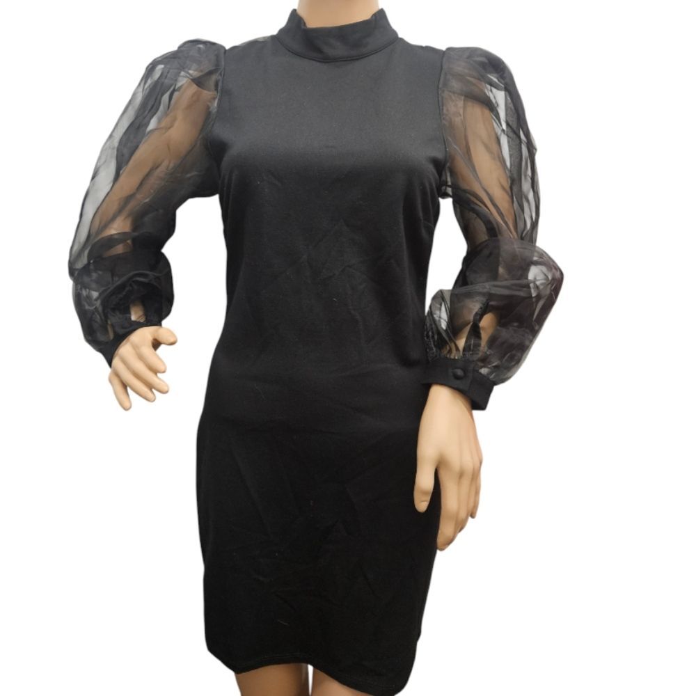 NBD Bao Dress in Black Sheer Puff Sleeves Open Back - Picture 2 of 8